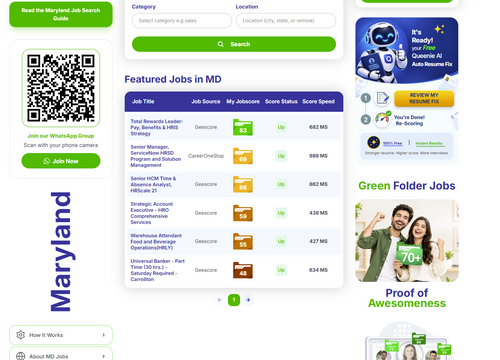 My Jobscore Maryland featured job listings showing color-coded jobseeker suitability scores, score status and scoring speed.